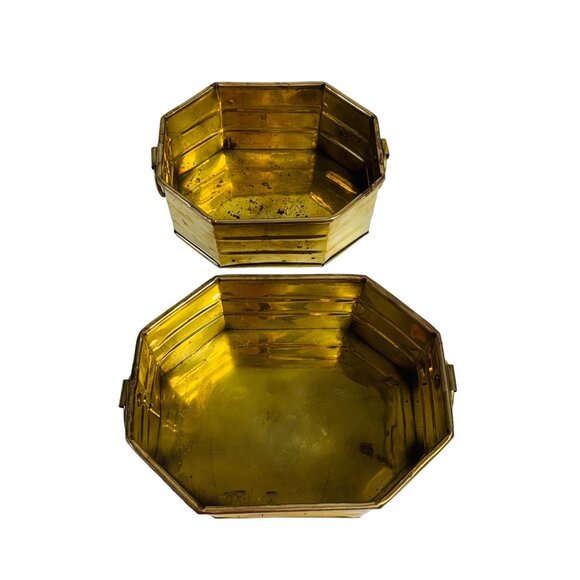 Pair Of Nesting Brass Octagonal Planters With Handles Bowl Basket VTG 60s - Picture 5 of 16